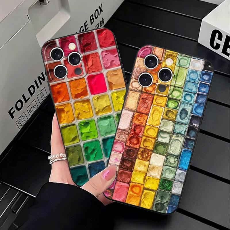 Watercolors Set Paint Palette Soft Phone Case for iPhone 16 16E 17 Air 15 Pro Max 14 Plus 13 Mini 11 12 7 Black Cover Back Shell