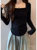 Long Sleeve Square Neck Slim Fit Clavicle Top with Velvet Lining for Women's Autumn/Winter