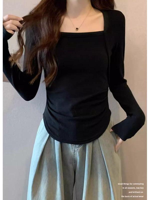 Long Sleeve Square Neck Slim Fit Clavicle Top with Velvet Lining for Women's Autumn/Winter
