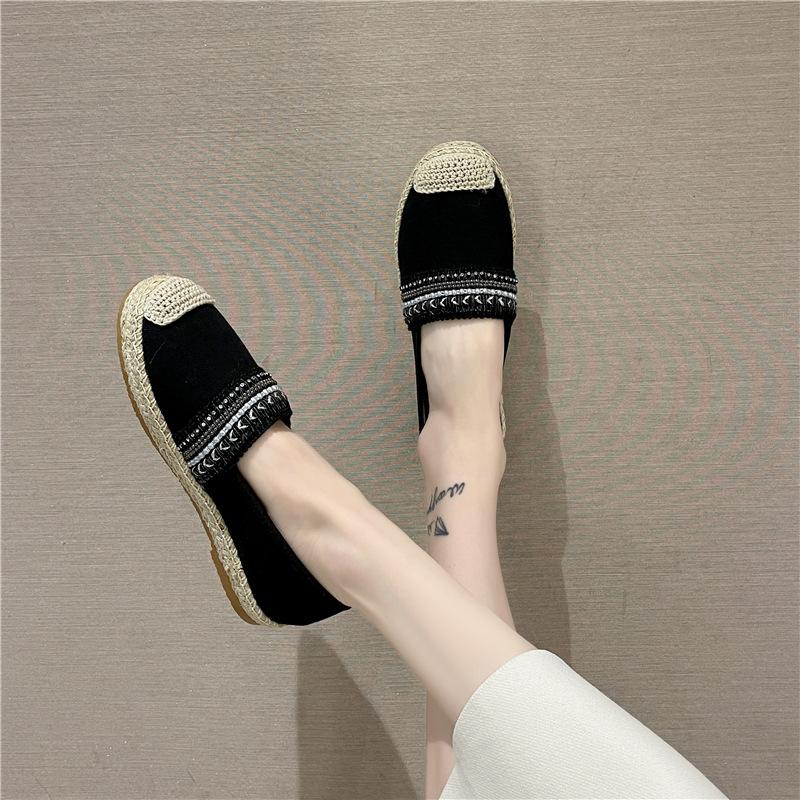 Xiaoxiangfeng fisherman shoes women's 2024 new one-pedal soft-soled single shoes linen woven thick-soled versatile autumn bean shoes