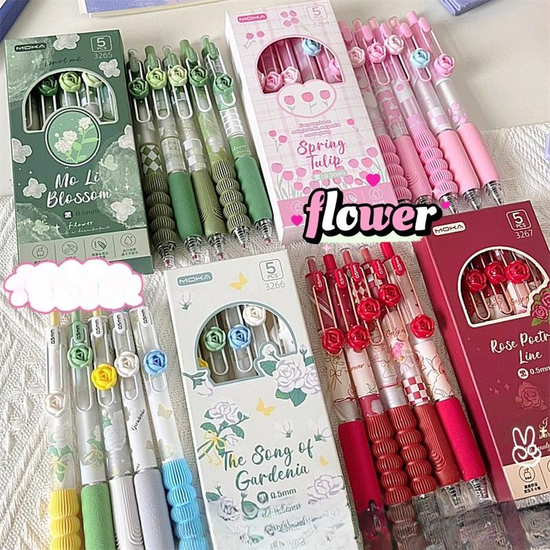 National Style Flower Series Soft-hold Black Pen Press Gel Pen Set, Quick-drying, Stress-relieving, High Appearance Level Practice Pen, Exam Pen
