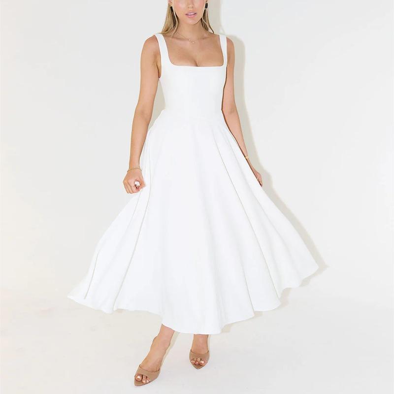Women's Summer Simple Sexy Solid Colour Straps Slim Midi Dresses