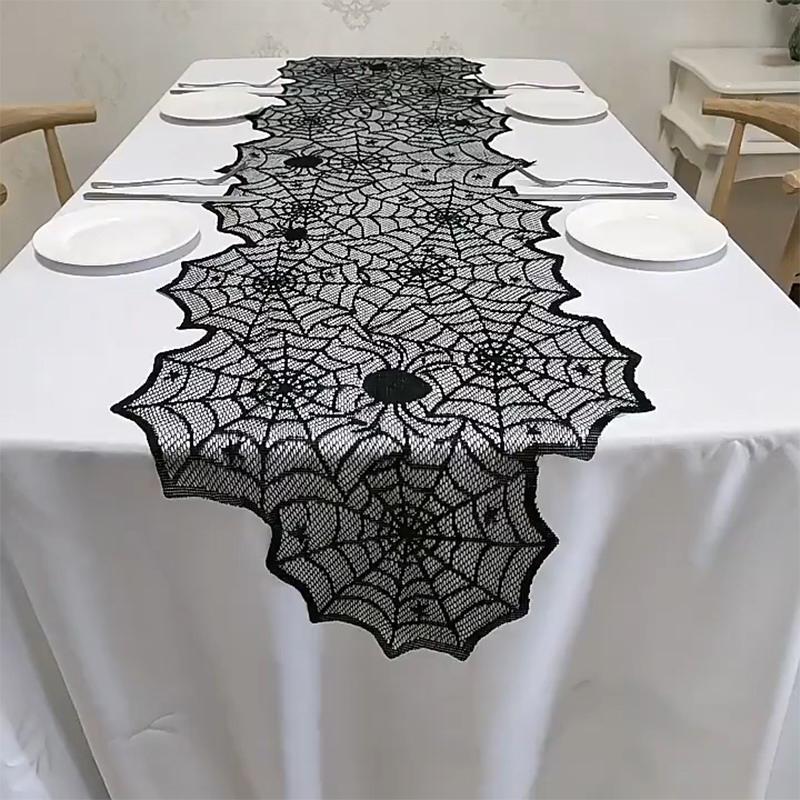 Spooky Halloween Table Runner Black Lace Spider Web Design Tablecloth Fireplace Scarf Haunted House Decor Party Decoration