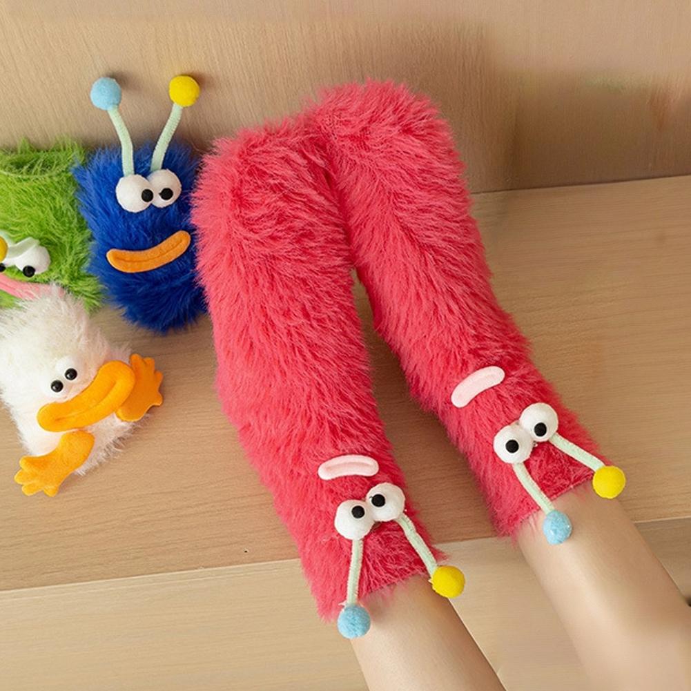 Women's Autumn Winter Socks Cute Mid-tube Fluffy Floor Socks Sleep Funny Velvety Warm Thick Happy Ugly Doll Socks Girls Gifts