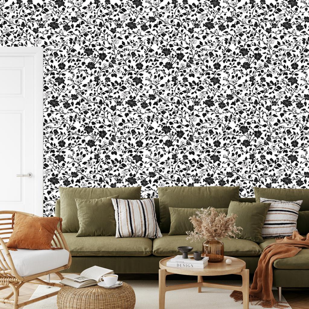 Wallpaper Black and white flowers gray and light gray 50x1000