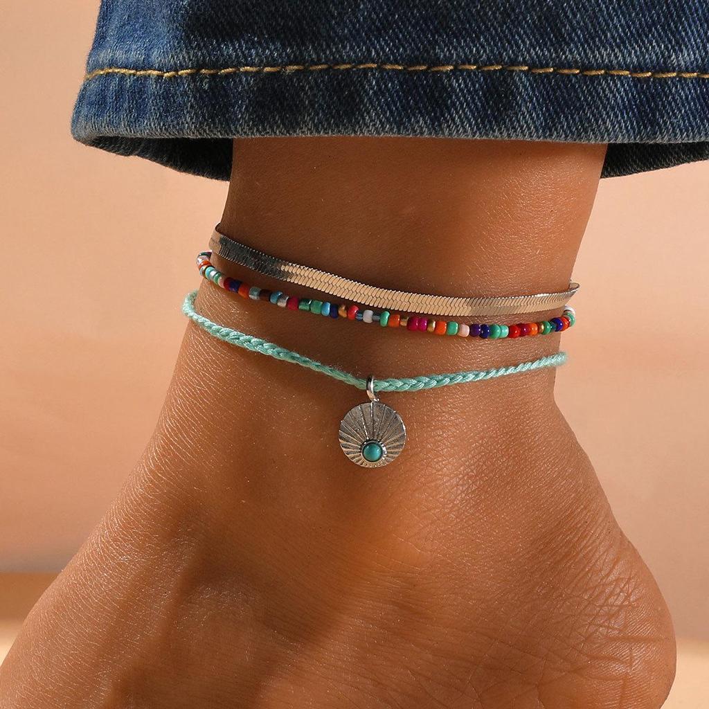 European & American Retro Letter Butterfly Pendant Multi-Layer Beach Anklet Set