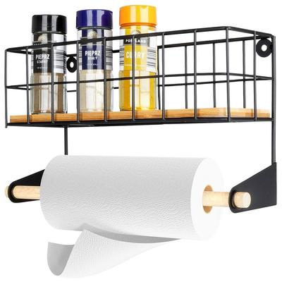 Wall-Mounted Paper Towel Rack, Metal, Black, Bamboo, Kitchen Shelf