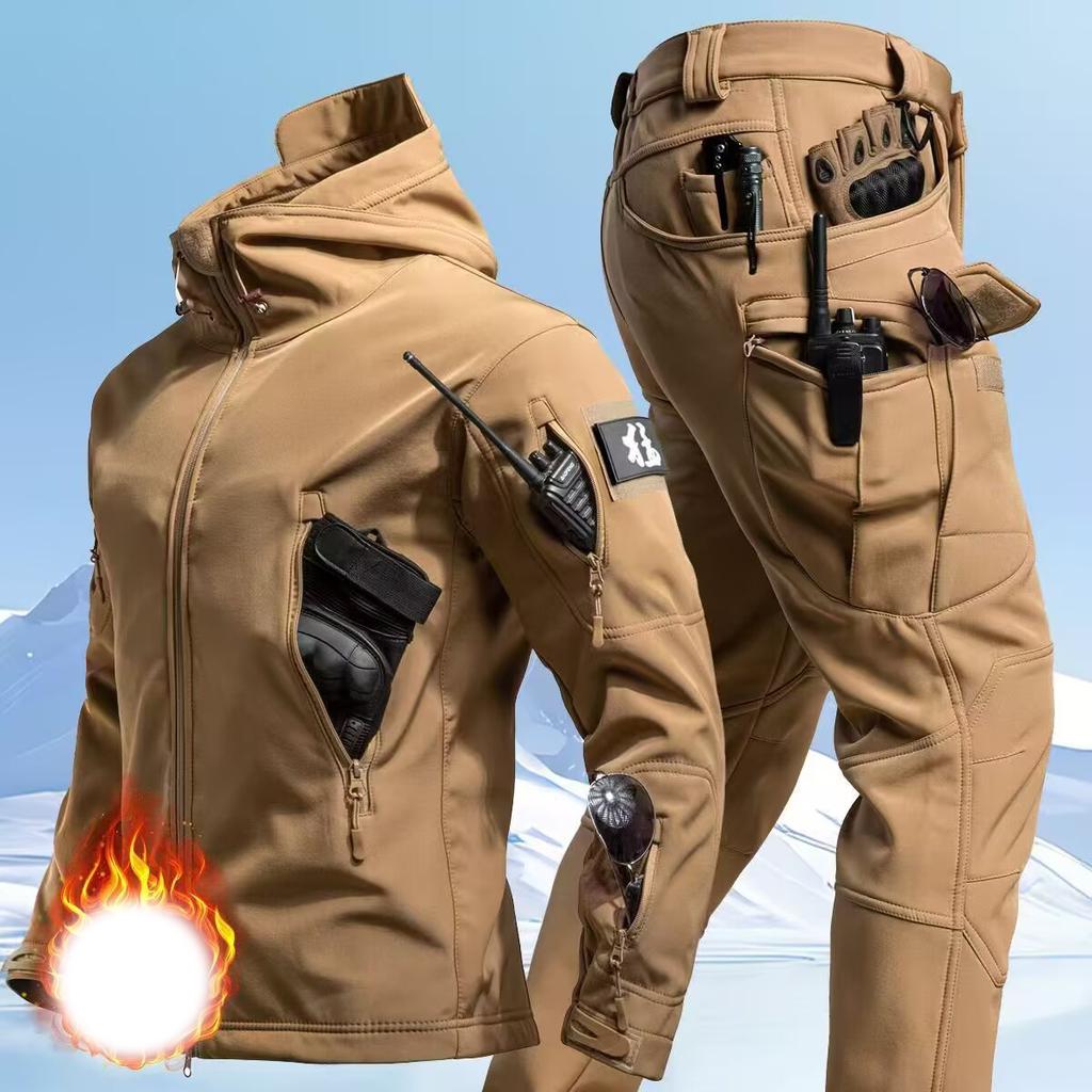 Tactical Waterproof Men Camo Set Soft Shell Fleece Winter Combat Suit Windbreak Warm Multi Pocket Outdoors Training Uniform