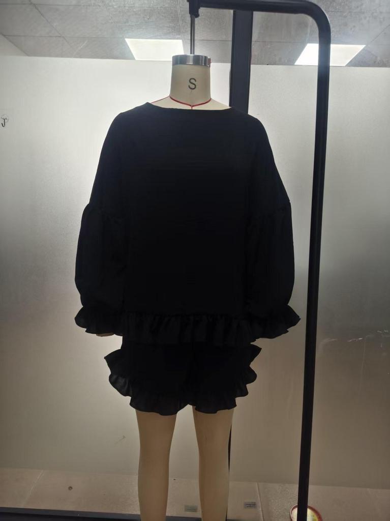 2026 Spring/Summer European & American Fashion Lantern Sleeve Top and Ruffled Shorts Two-Piece Set