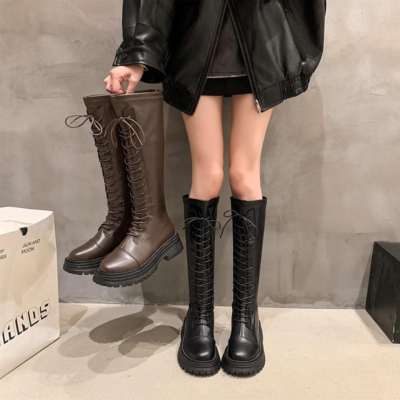 New women's boots autumn and winter British thick-soled lace-up boots women's round head fashion small tall boots