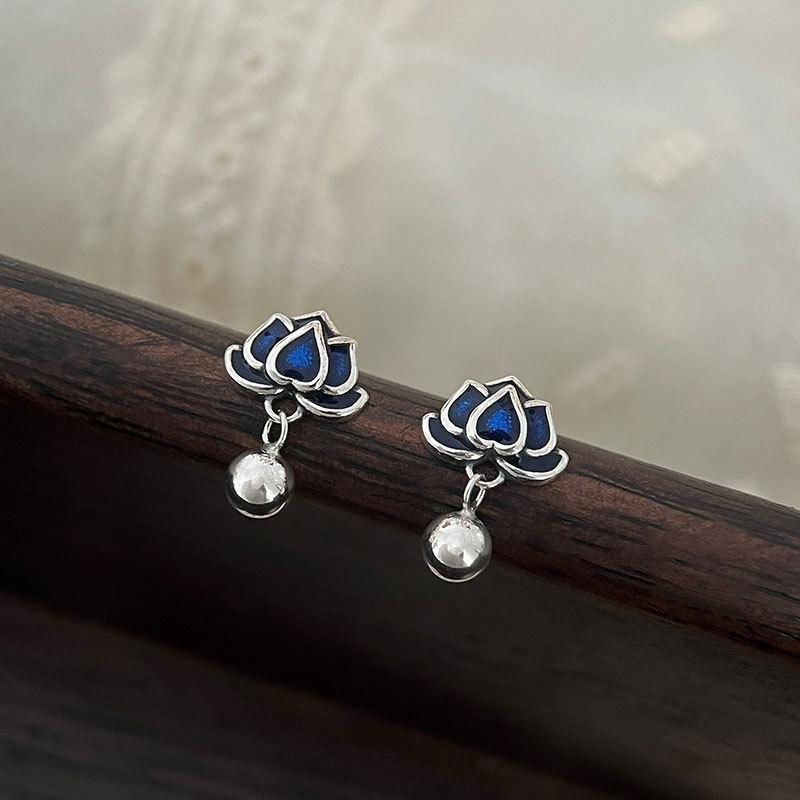 Style Ethnique Bleu Colle Lotus Boucle d'Oreille Bague pour Femme Bague Personnalisée Index Sens de Niche
