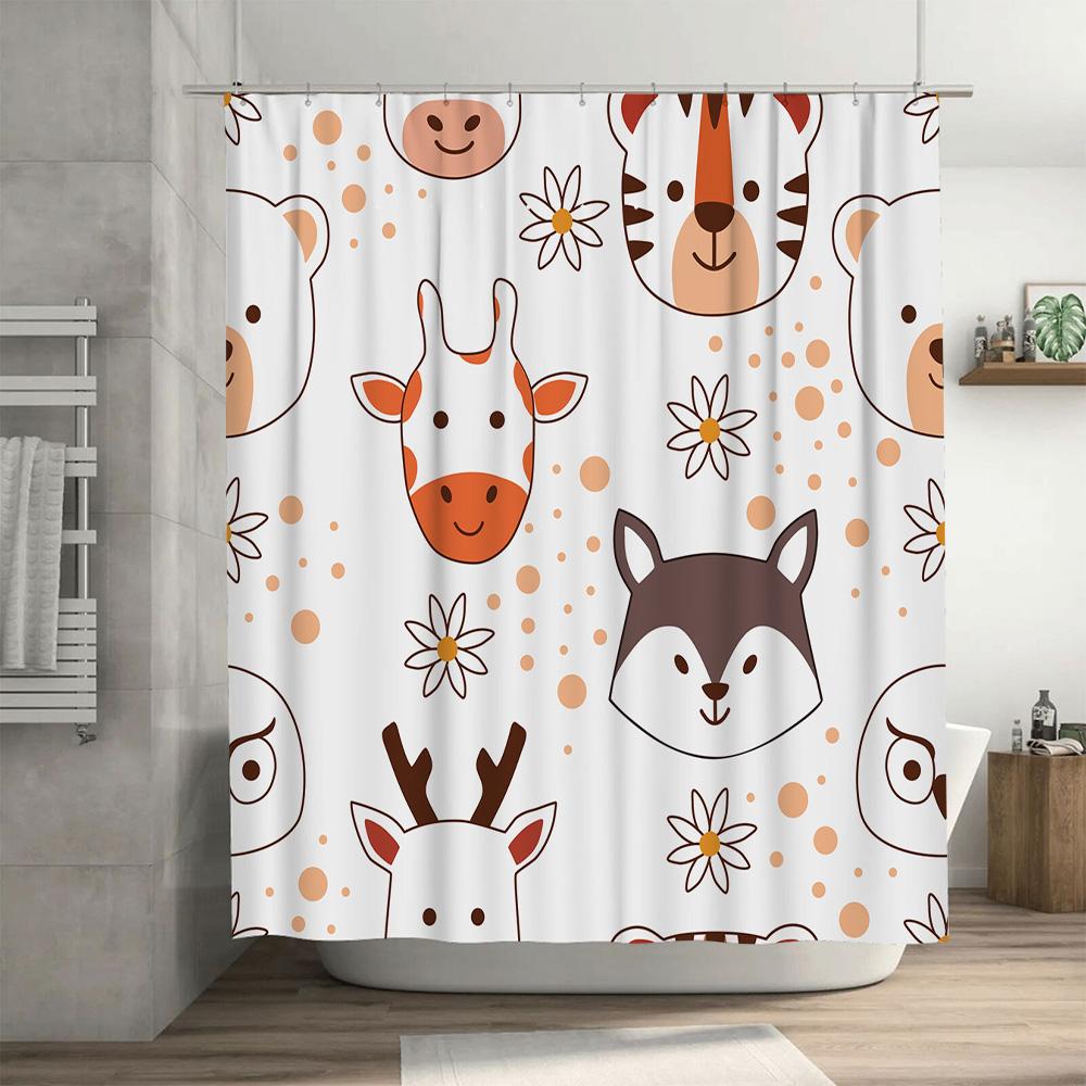 Animal Print Shower Curtain Set Cute Forest Animals Bath Decor with Flowers In White Orange for Bathroom Decorations Home Access
