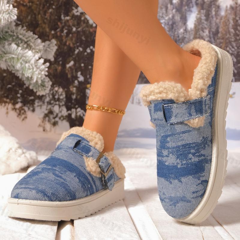 Fashion Large Size Women's Shoes 2025 Winter New Fashion Buckle Strap Plush Casual Flats Comfortable Thicken Warm Non Slip Cotton Shoes