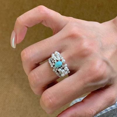 Vintage Diamant-Intarsien Perlen Türkis Ring Leichter Luxus High-End Romantische Ringe Für Frauen Mode Schmuck Geschenke