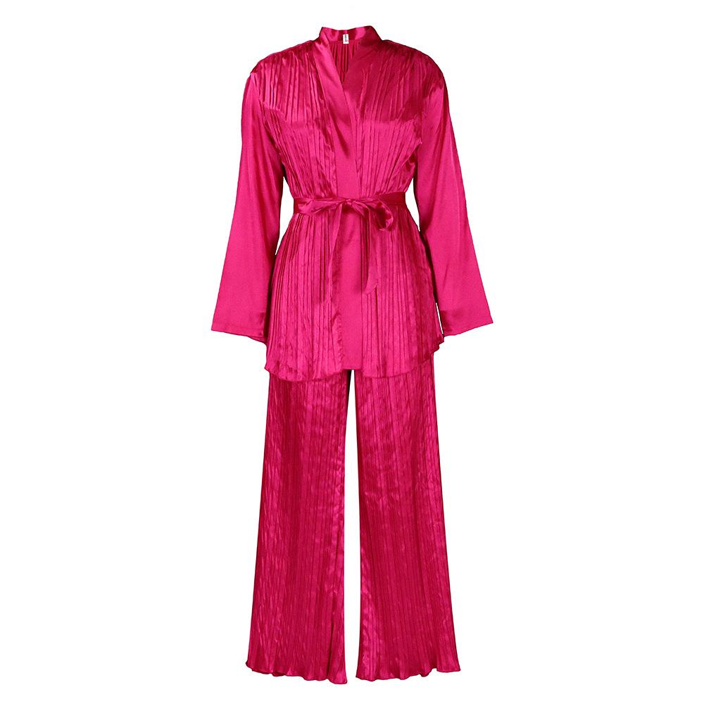 Women's Solid Color Pleated Two-Piece Set: Loose Long Sleeve Tie-Up Shirt & Long Pants
