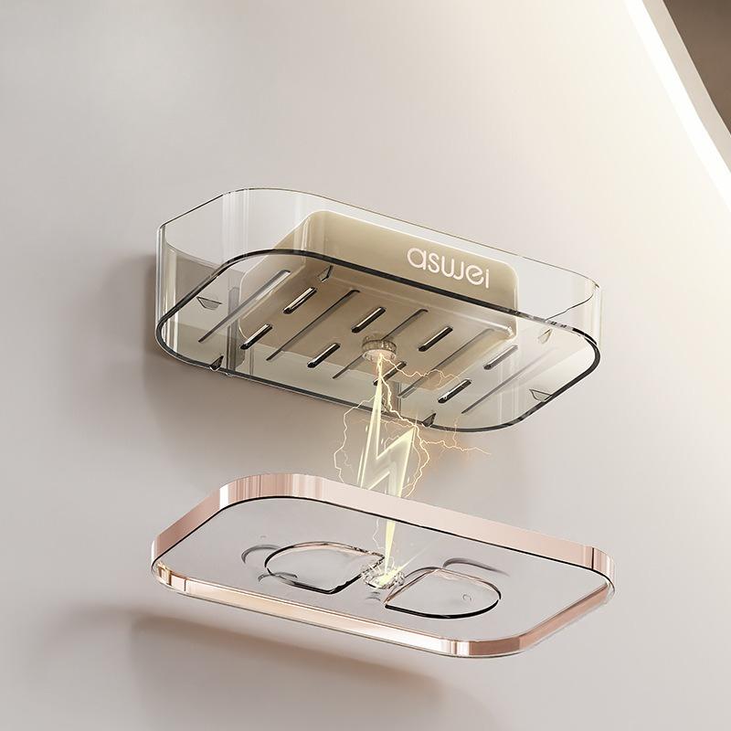 Household Draining Soap Rack, Soap Box, Bathroom and Toilet Wall-mounted Double-layer Soap Box, Non-drilling Storage Rack