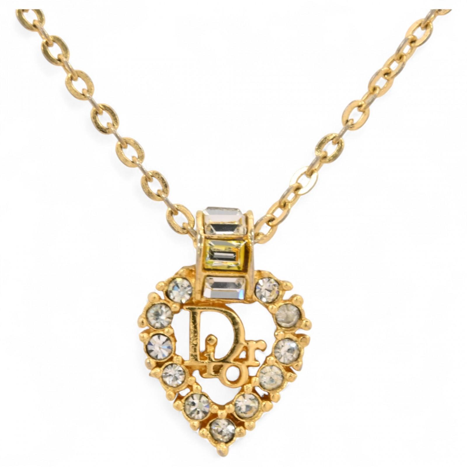

Auth CHRISTIAN DIOR Heart Logo Rhinestone Necklace di6607zy
