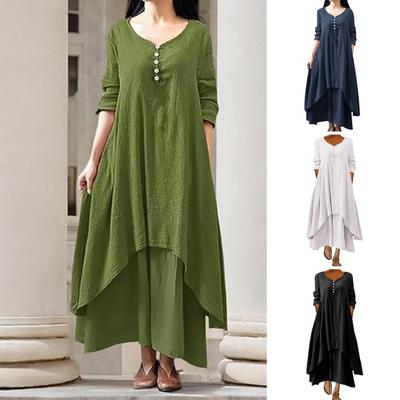 Women Maxi Dress with Pockets Ninth Sleeves Round Neck Irregular Layered Hem Beach Dress Plus Size Loose Solid Dress