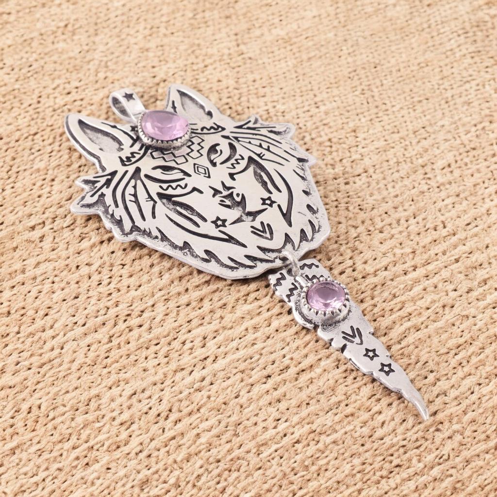 Morganite Gemstone 925 Stamped Silver Jewelry Handcrafted Tiger Face Pendant 4" CP-26-11