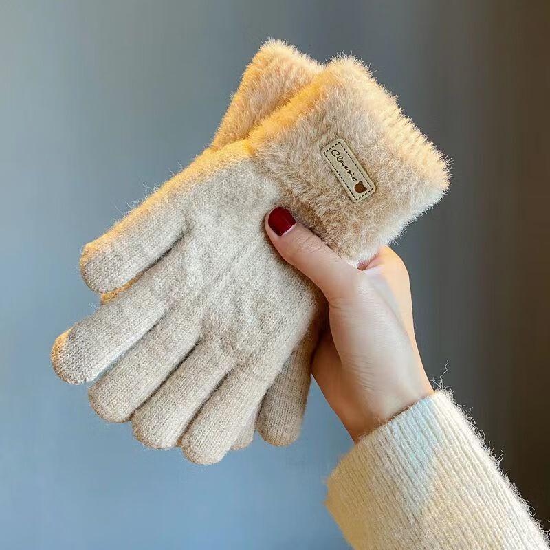 Color-Block Plush Knitted Winter Gloves