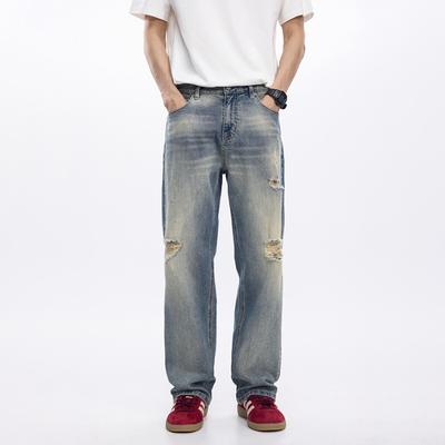 New Spring and Summer Men's Loose Straight American Retro Ripped Jeans