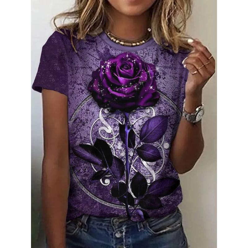 Flower Short Sleeve Fashion Women's Solid Color Flower Crew Neck T-Shirt 3D Flower Color Printing Crew Neck Short Sleeve Tees