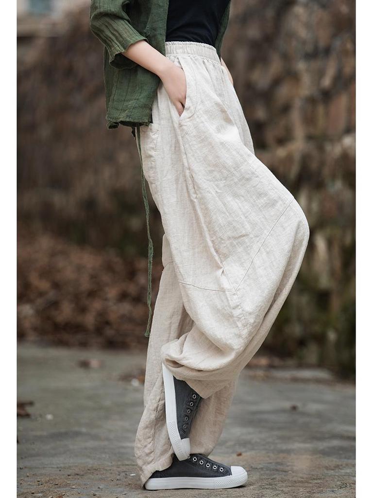 Damen Frühling Baumwolle-Leinen Locker Geschnitten Ramie Laternenhose