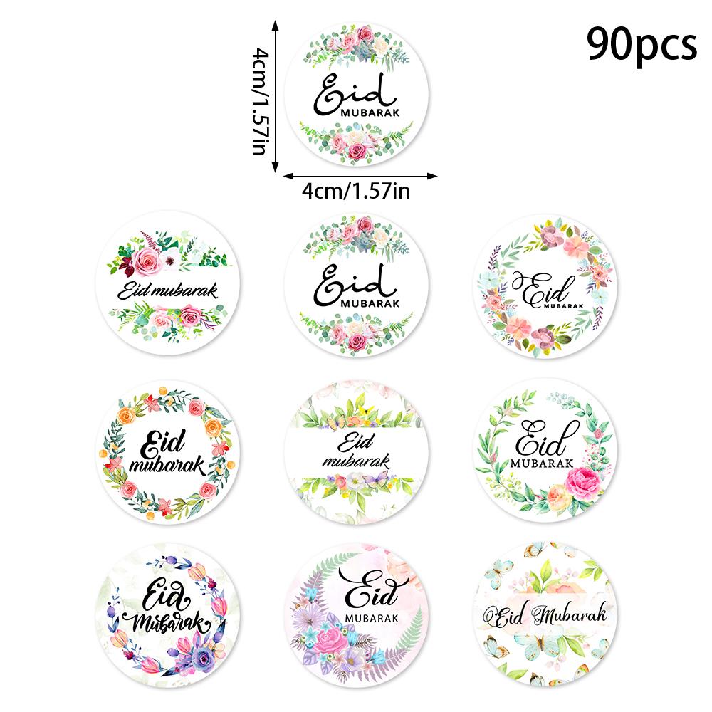 90pcs Ramadan Floral Moon Paper Sticker Eid Mubarak Gift Lable Seal Sticker Islamic Eid Al-fitr Party Celebration Party Supp