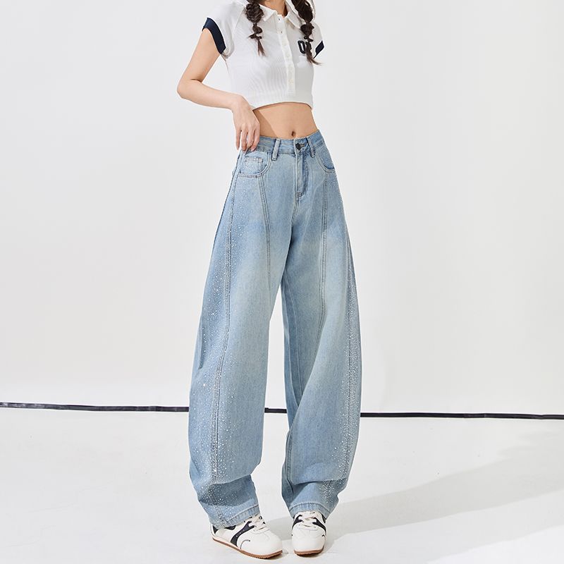 Spring Summer Fashion Full Star Rhinestone High Waist Relaxed Drape Floor Saber Cut Denim Pants For Women Casual Pants Oversize Denim Trousers