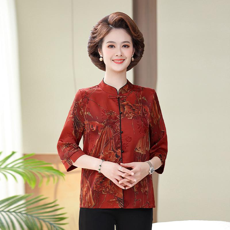 

Xiangyunsha Women s Silk Top - Three-Quarter Sleeve Mulberry Silk Mother s Day Blouse in New Chinese Style XL (100-110 lbs) червоний