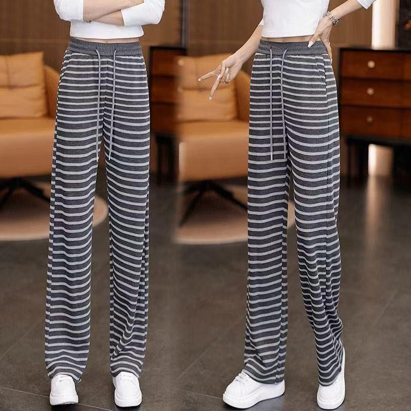 Women's Casual Striped Wide Leg Pants with Drawstring Elastic High Waist Loose Straight Leg Pants