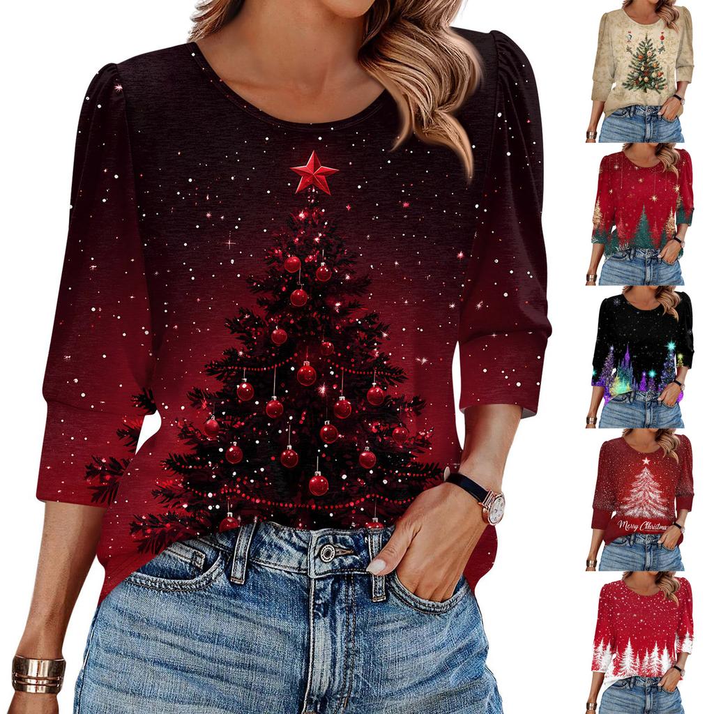 Women's Fashion Casual 3/4 Christmas Print Color Shirt Women's Round Neck Tops