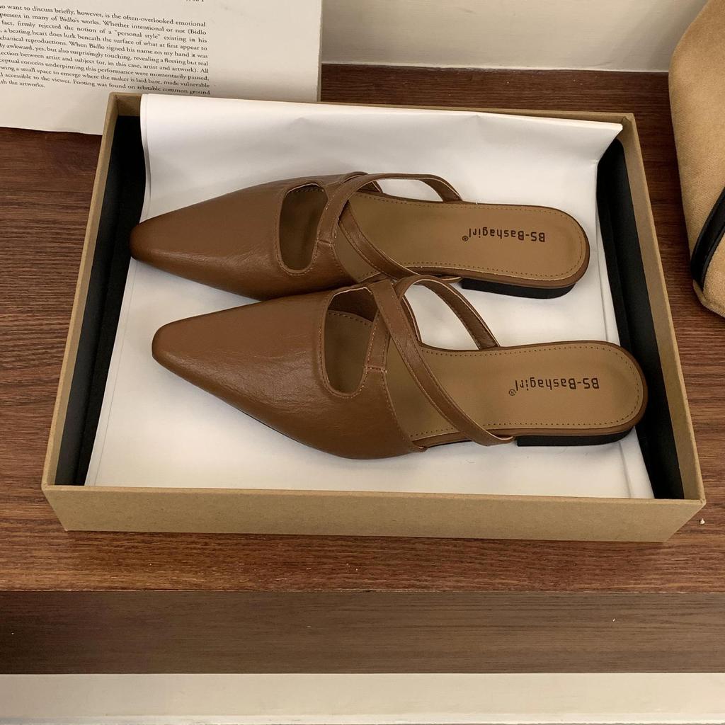 French retro flat-bottomed pointed head bag head half slippers women's shoes wear 2025 summer pointed head lazy cool slippers women