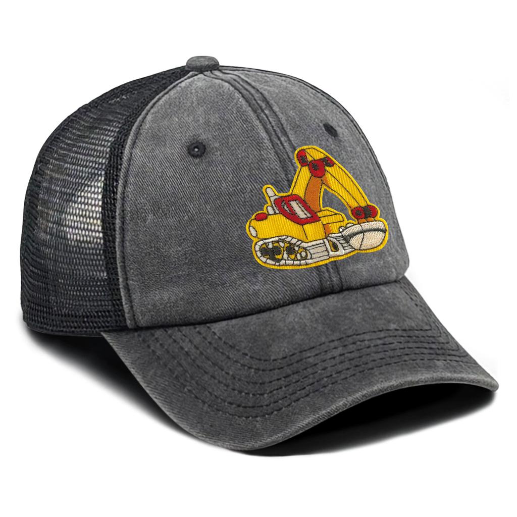 Cartoon Excavator Embroidery Mesh Cap Snapback Trucker Hat Caps For Man Washed Cotton Unisex Adjustable Mesh Cap