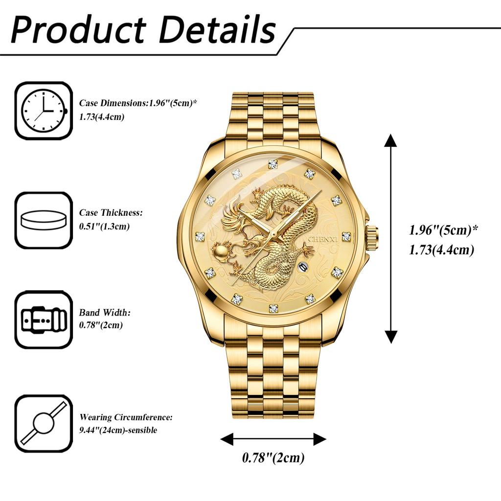 Men's Stainless Steel Dragon Watch In Gold: Luminous Analogue Watch with Calendar, Dragon Design, Antique Quartz Movement, 3ATM Water Resistance,