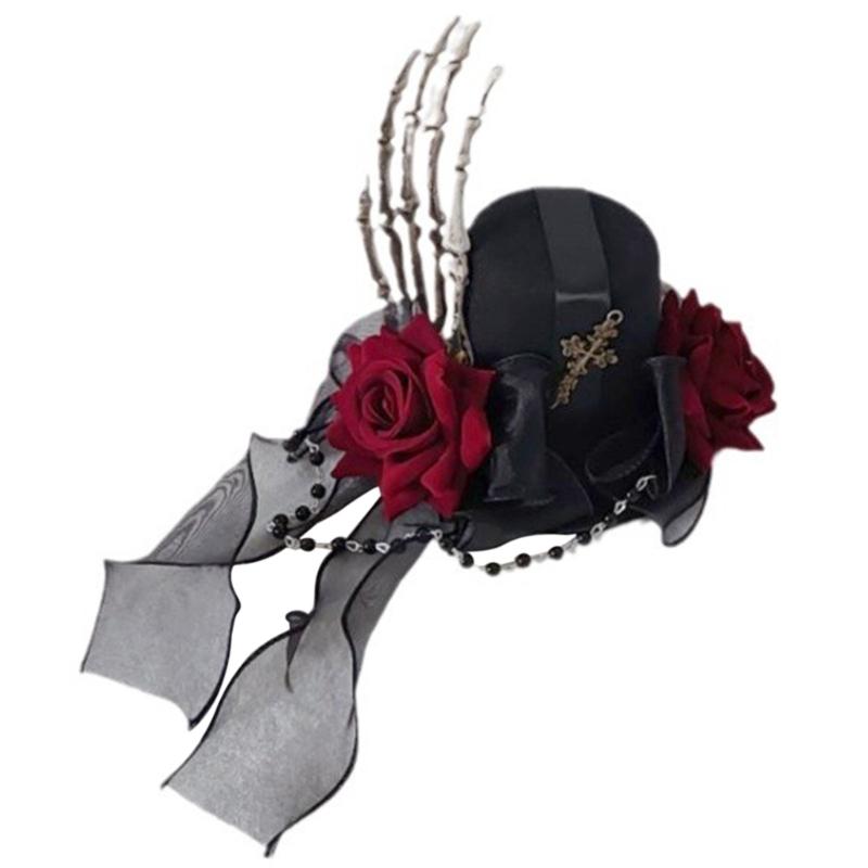 

Unique Top Hat Hair Clip Ribbon Trend Side Clip Skeleton Claw Flower Top Hat Halloween Hairstyling Photo Props