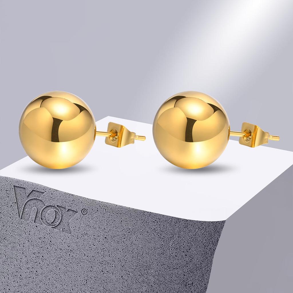 Vnox Guld Färg Rostfritt Stål 12MM Kula Öronstift för Kvinnor Smycken, Anti-Allergi Metallpärlor Öra Gåvoaccessoarer