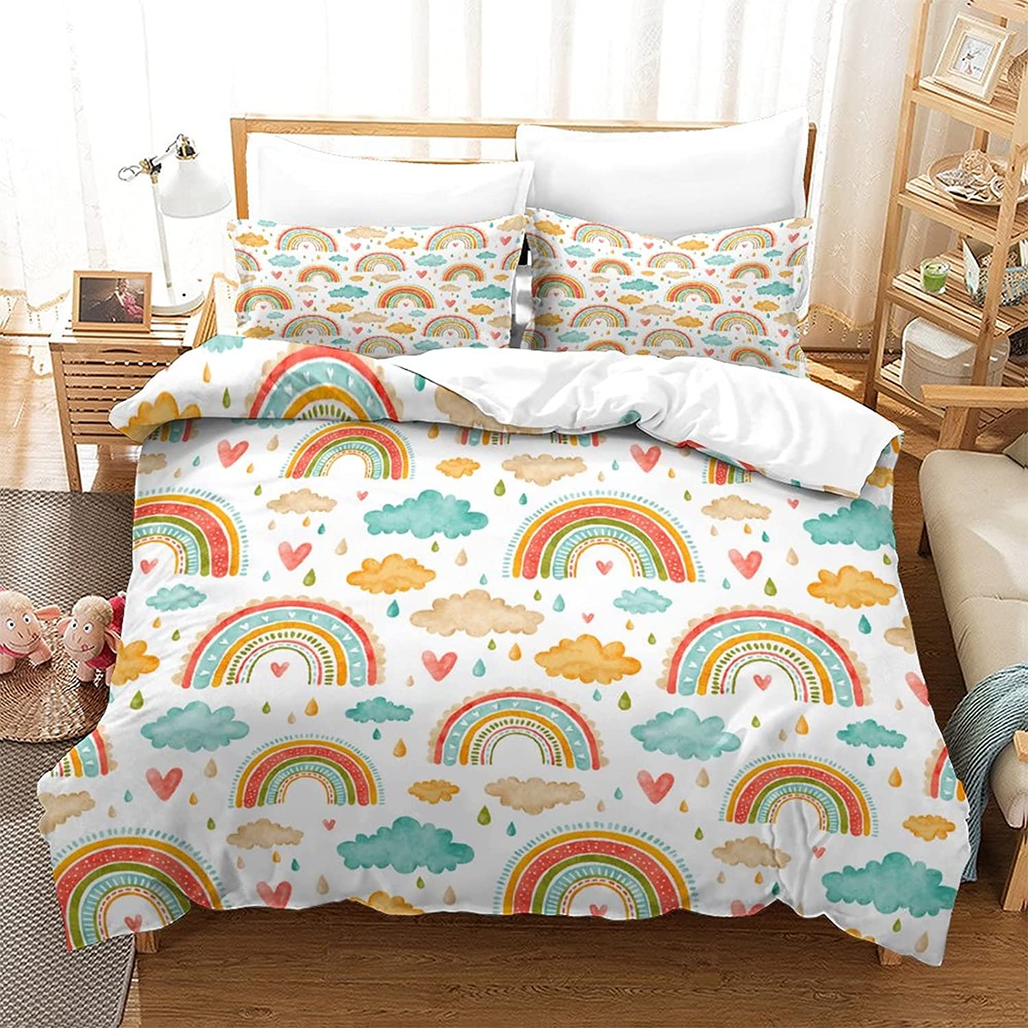 

Rainbow Duvet Cover Set Heart Love Bedding Set Microfiber Colorful Rainbow Clouds Comforter Cover Twin King Size For Kids Girls EU Single(135*200cm)3pcs