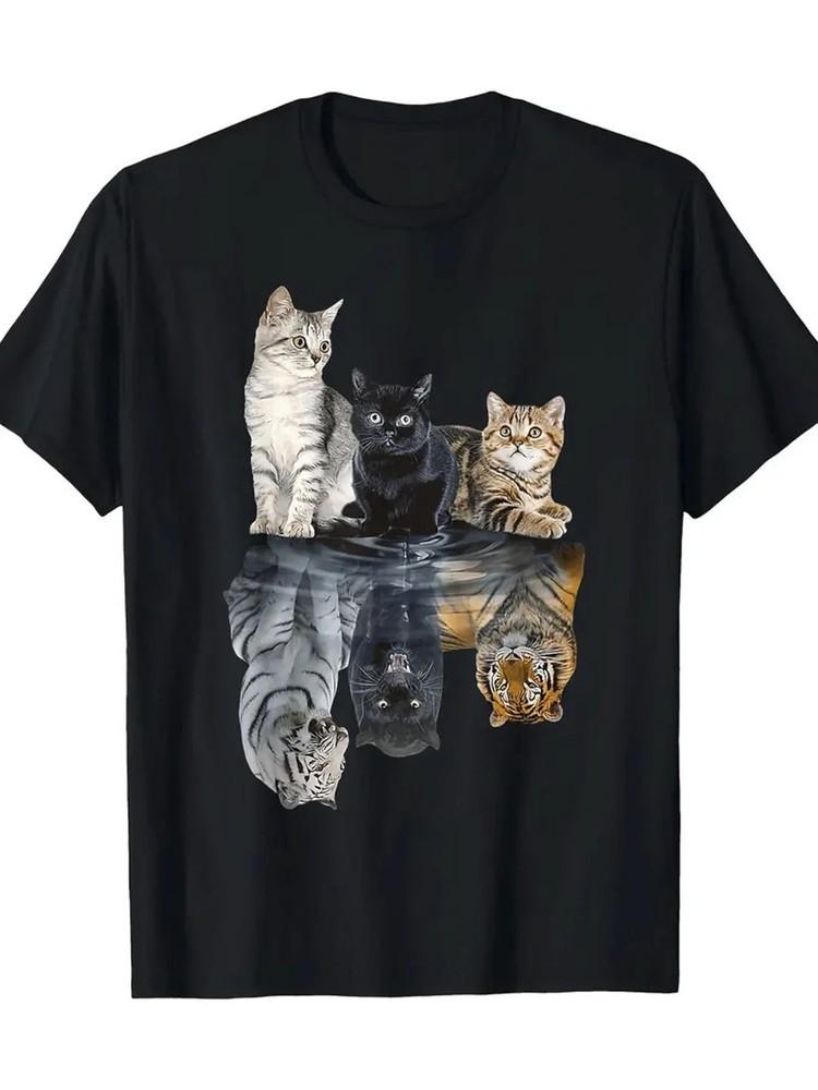 

Cat Reflection Mirror Lion Cheetah Tiger Cat Printed T-Shirt, 1pc, 100% Cotton, XL