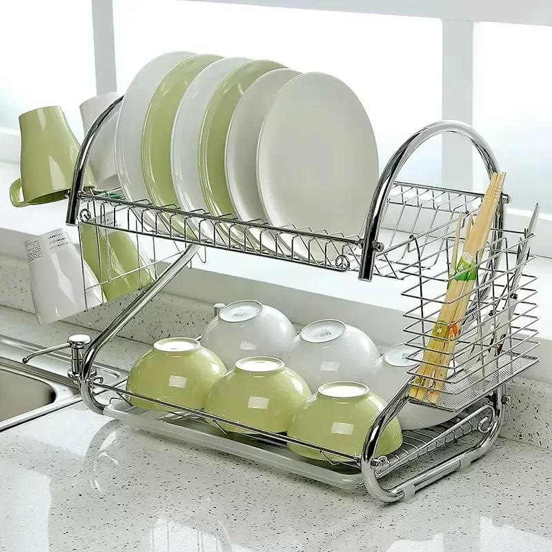 

Large Dish Drying Rack Cup Drainer 2-Tier Strainer Holder Tray Stainless Steel Kitchen Accessories CLH@8