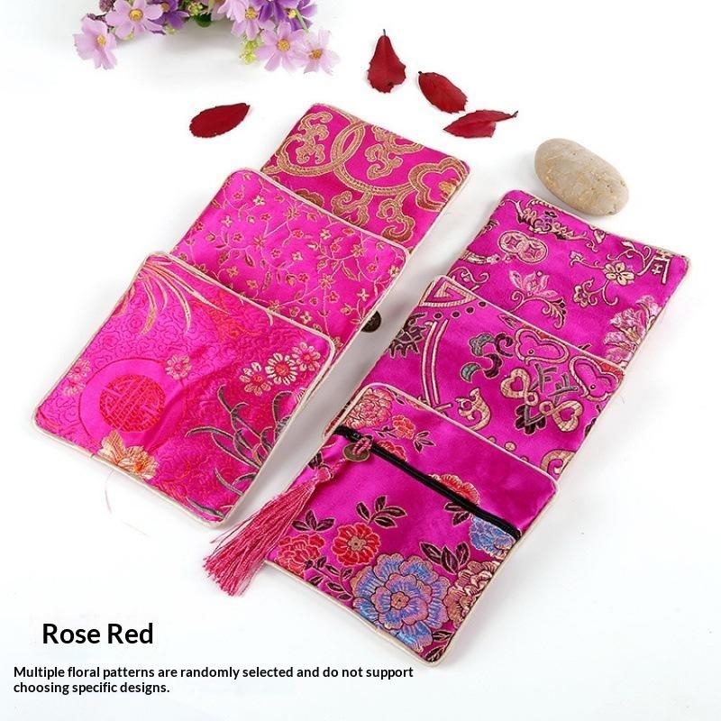 Traditional Chinese Brocade Square Pouch Embroidery Pattern Tassel Zipper Waterproof for Jewelry Cosmetic Home Travel Use