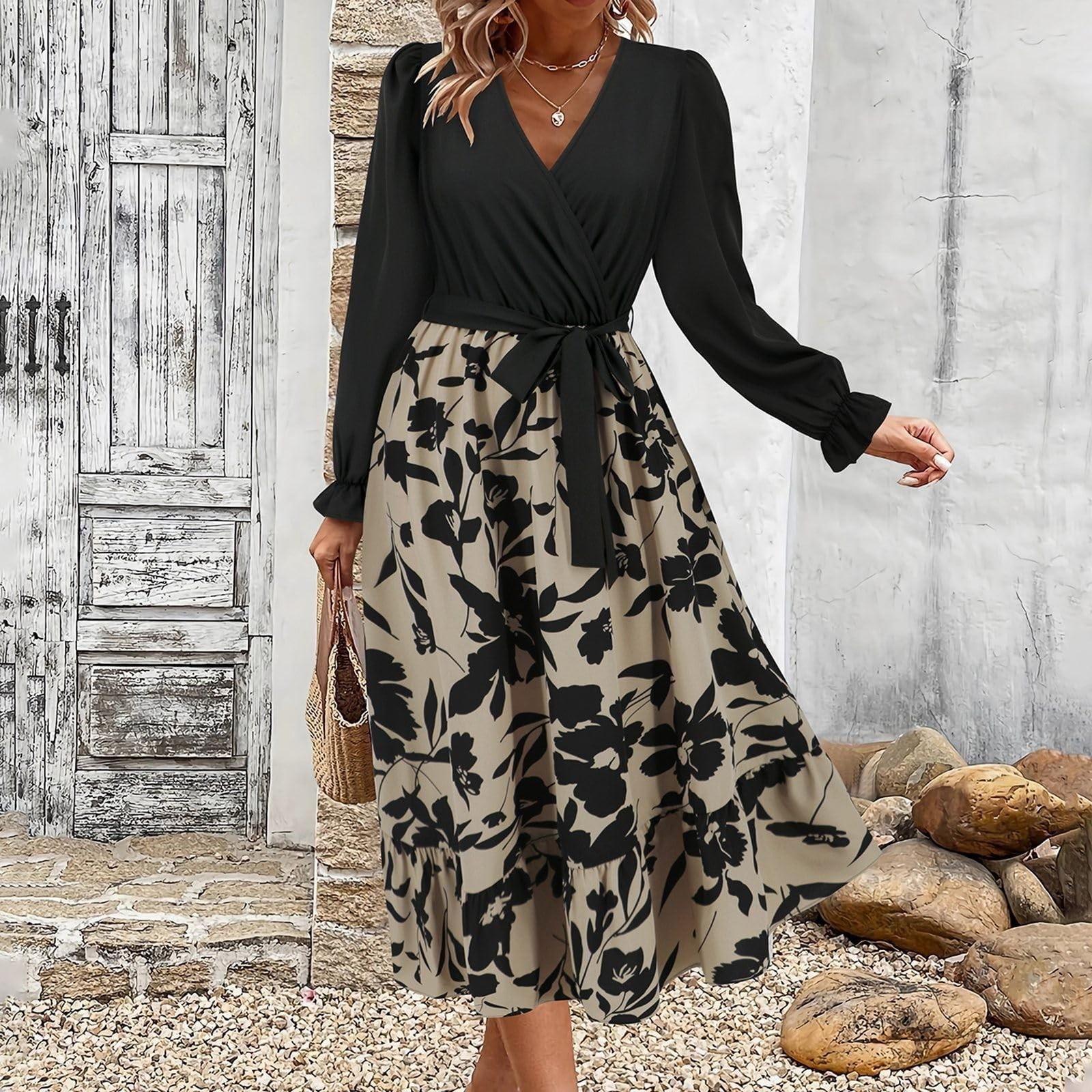 

Женское платье с V-образным вырезом, длинными рукавами, принтом в стиле пэчворк, юбка средней длины А-силуэта XL хаки