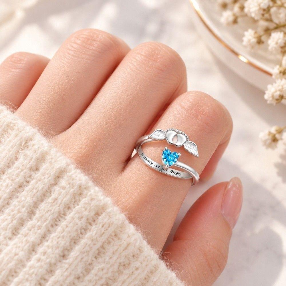 Rhinestone Embellished Angel Footprint Wing Ring Adjustable Fashion Band Mom Daughter Gift