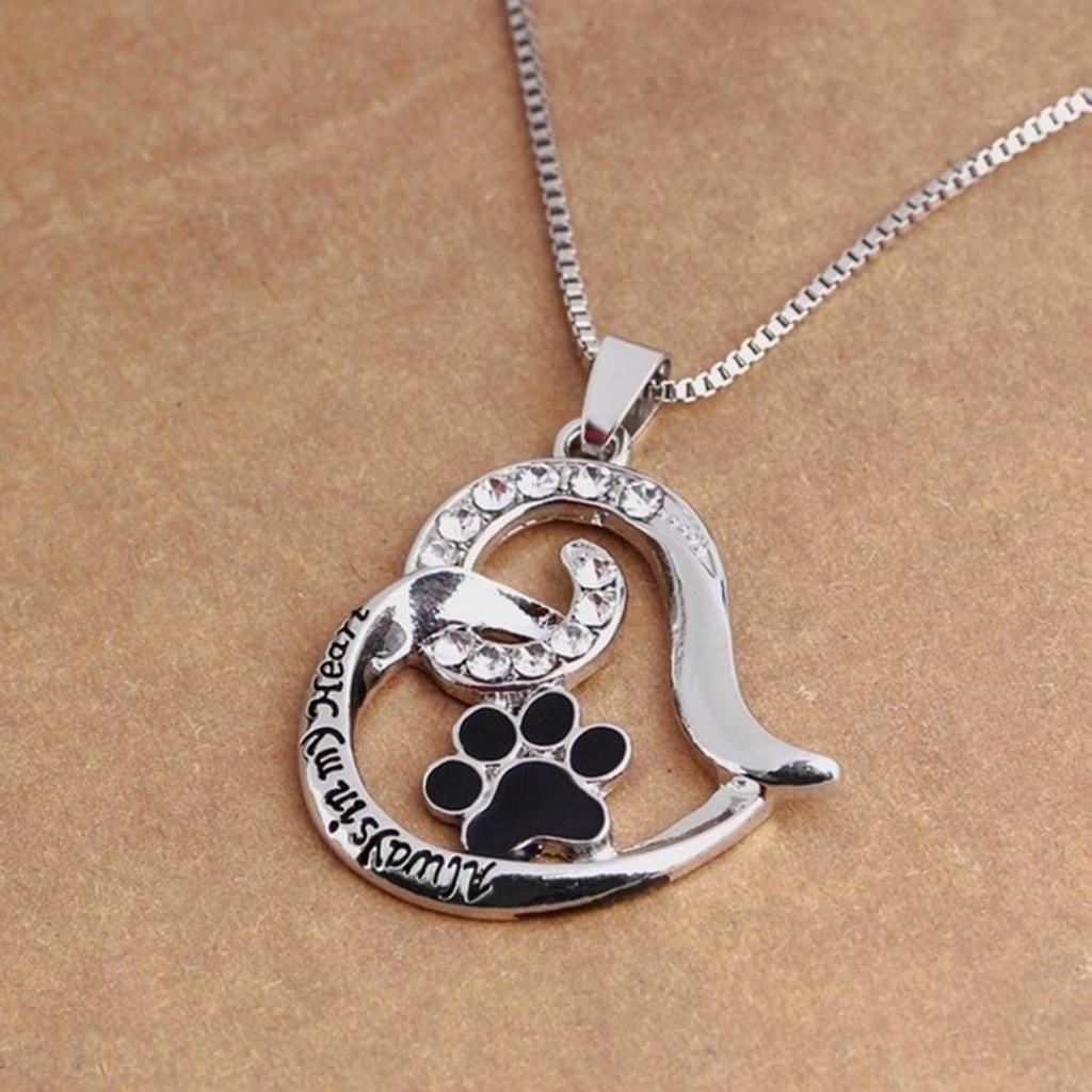 Letters Rhinestone Hollow Heart Dog Paw Pendant Necklace Women Party Jewelry
