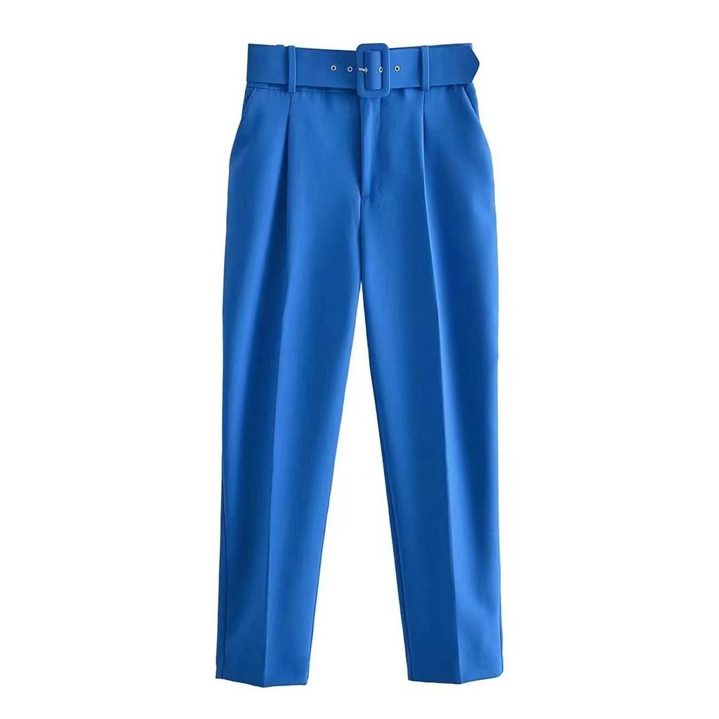 New Women's Casual Pants, Slim Fit Straight Leg Stretch Trousers with Belted Waist, Solid Color Office Wear Cropped Pants