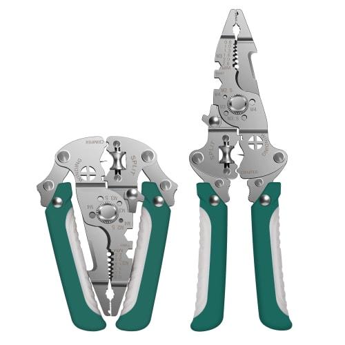 Powerful, multi-functional wire stripper with crimping pliers, suitable for both left-handed and right-handed electricians. Recommended for electricia