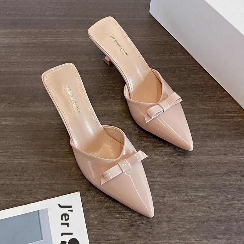 Elegant Pointed Toe French Style High Heel Slippers for Women Outdoor Wear Butterfly Knot Thin Heel Half Slippers Rubber Sole
