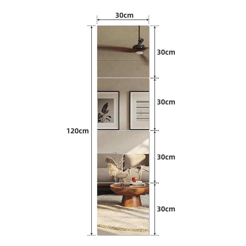 Set of 16 Stick Full Body 30cm X Unbreakable Mirror That Can Be Stuck Acrylic for Freely No Drilling Lightweight Pieces, On, Mirror, 30cm, Anywhere,