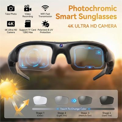 Photochromic Smart Sunglasses 4K HD WiFi Sports Wearable Camera Travel Bicycle Driver Recorder for Vlogging Polarized UV400