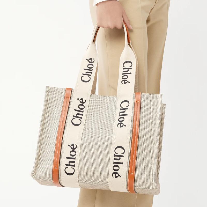 Chloe Woody Logo Print Webbing Panel Smooth Calfskin Tote Bag Women Tote Bags CHC21AS383F71883